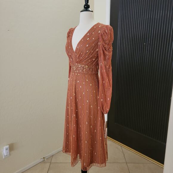 Mac Duggal 5593 Cognac Orange 2 Embellished V Long Sleeve Evening Midi Dress - Picture 6 of 14